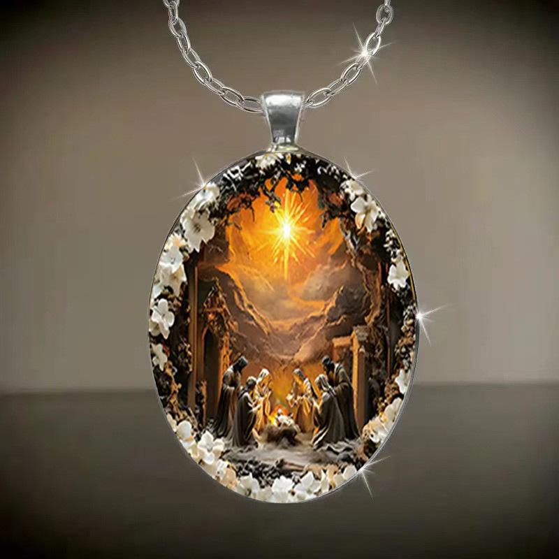 Под Солнцем Узор Молитвы Толпы Овальный Стеклянный Сплав Кулон Ожерелье